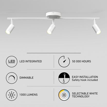 The 32" Rowen 3L tracklight is a modern white ceiling fixture with LED integration, selectable white technology, dimmable lighting, 1,000 lumens output, 50,000-hour lifespan, and easy installation.