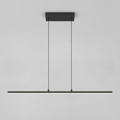 The Delta LED Linear Pendant 36IN is a minimalist black rectangular light, suspended from the ceiling by two thin cords, shown against a plain light gray background.