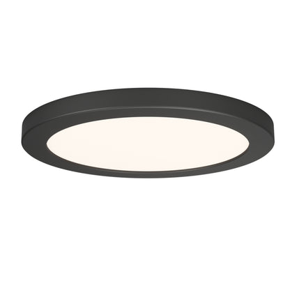 The Skylight Pro 9 3K LED Flat Panel Light is a modern, round black flush mount ceiling fixture featuring a flat, smooth frame and a white illuminated center for a minimalistic look.