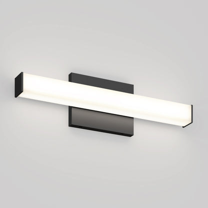 The Mylo LED Vanity Light 16IN is a modern, wall-mounted fixture featuring a rectangular black base and a long, horizontal frosted light bar, shown against a plain light gray wall.