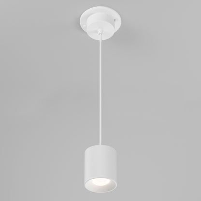 The Beam Pro 4 Integrated LED 2-IN-1 Ceiling Mount Pendant, featuring a modern white cylindrical shade, hangs from the ceiling on a cord against a light gray background with its light turned on.
