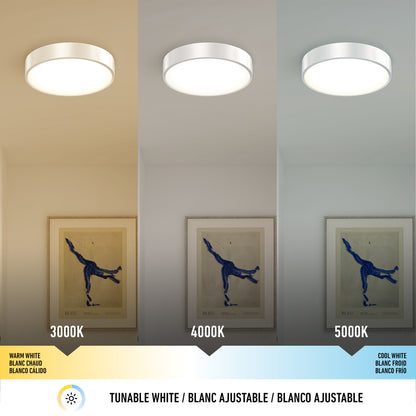 Three Concerto LED Flush Mounts, each with a different color temperature—3000K (warm white) on the left, 4000K (neutral white) in the center, and 5000K (cool white) on the right—illuminate artwork of a blue dancing figure.