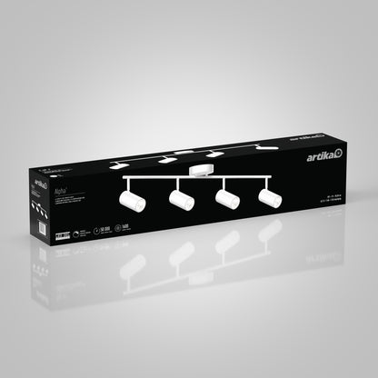 A black box with white graphics and text showcases the Alpha 4-Light LED Track Light by Artika, featuring four adjustable cylindrical lights arranged in a linear track.