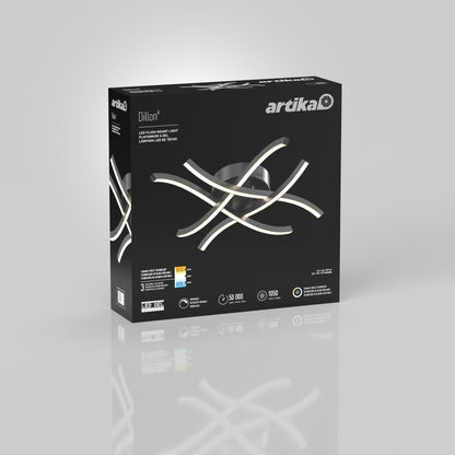 A black box of Dillon LED Flush Mount Noir displays the modern light with curved illuminated bars and lists features like 50,000-hour lifespan and 1550 lumens.