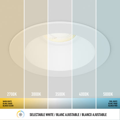 The Skyview 4in Regressed Round, 5CCT LED is a ceiling recessed light with five selectable color temperatures from warm white (2700K) to cool white (5000K). "Selectable White" appears at the bottom in English, French, and Spanish.