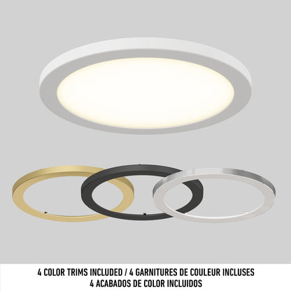 A 12" LED Skylight with three interchangeable trim rings—gold, black, and white—is shown below. Text reads "3 colour trim rings included" in English, French, and Spanish.