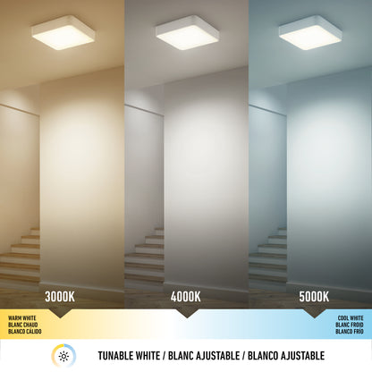 Three panels show a room illuminated by the LYDEL LED Ceiling Light set to warm white (3000K), neutral white (4000K), and cool white (5000K), demonstrating its tunable white light options.