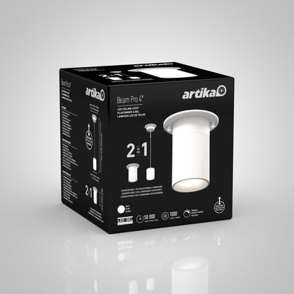 Black and white packaging for Beam Pro 4 Integrated LED 2-IN-1 Ceiling Mount Pendant, with product images, “2 in 1,” “50,000 hrs,” “1000 lumens” tech details, energy icons, all on a light gray background.