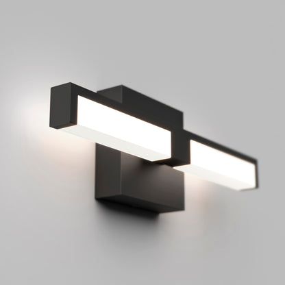 The Tivoli 14'' LED Vanity Light features a rectangular black base with two horizontal illuminated bars, mounted on a plain light gray wall for a modern look.
