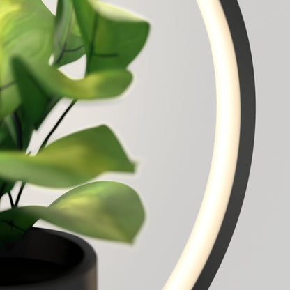 A close-up of green leaves from a potted plant beside the Halo Planter LED wall sconce, featuring a black frame and modern circular design, set against a soft, light background.