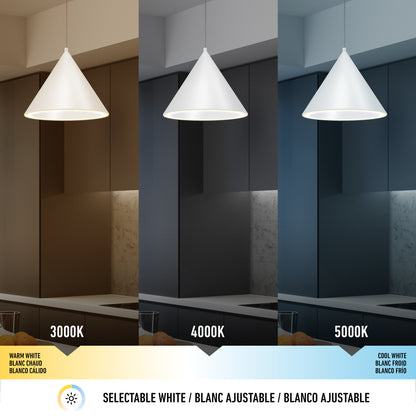 Three kitchen scenes display the Denali LED Pendant 3CCT at 3000K (warm), 4000K (neutral), and 5000K (cool) color temperatures. A scale with labels for each temperature appears at the bottom.