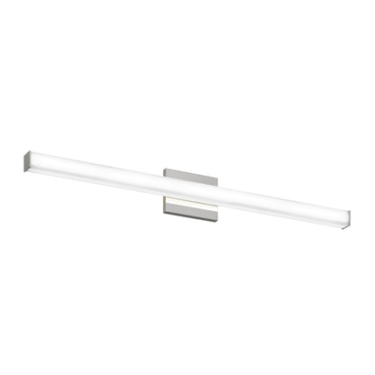 The Mylo LED Vanity Light 36IN is a modern, rectangular fixture with a slim horizontal design and metallic base, mounted on a white background.