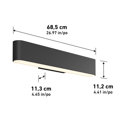 The Willow LED Vanity 3CCT Light, a rectangular black wall sconce measuring 68.5 cm wide, is displayed against a white background with measurement labels, ideal for use as a bathroom mirror light.