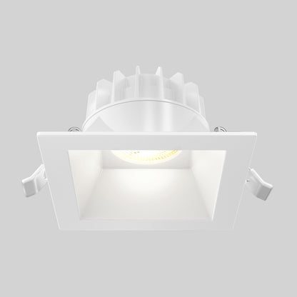 The Skyview 4in Regressed Square, 5CCT LED is a white, square recessed LED pot light with finned heat sink and adjustable color temperature. Featuring two mounting clips, it's perfect for modern indoor or outdoor lighting against any background.